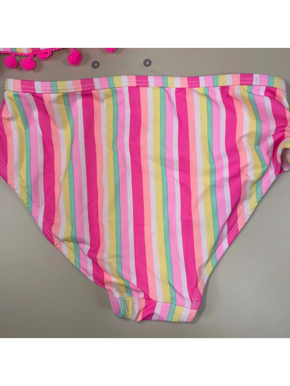 Betsey Johnson Girls Size 12 Two Piece Swimsuit Pink Rainbow Stripe Pom Pom